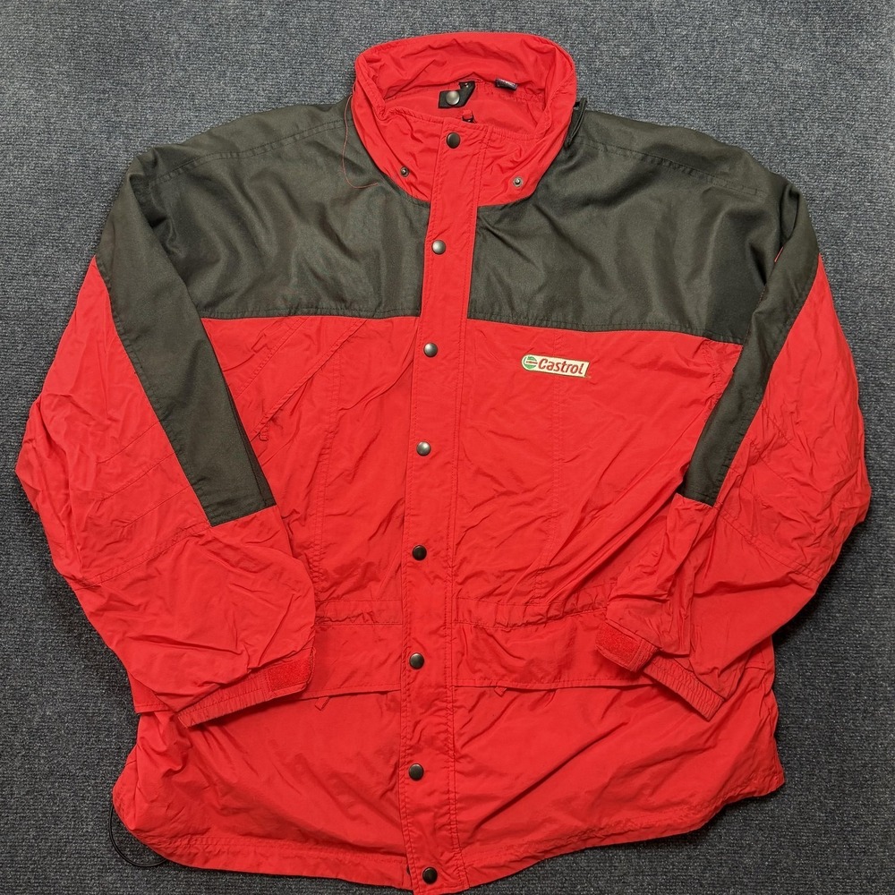 Vintage Castrol Jacket Men 2XL Red Nylon Hooded Windbreaker Racing Full Zip Logo